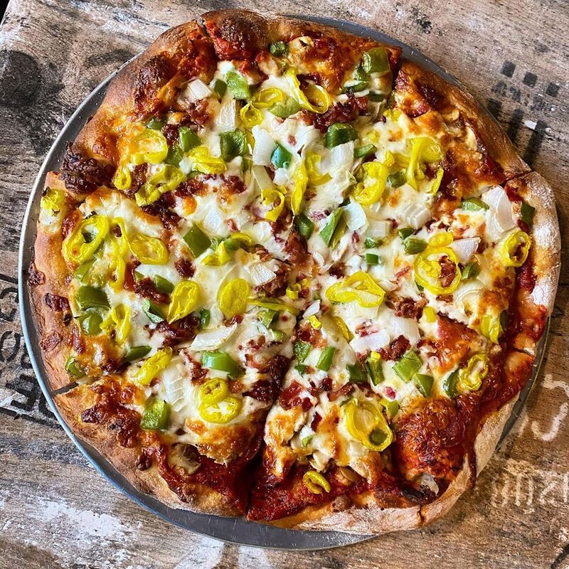 Hot pepper pizza with Mineo's signature crust